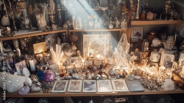 Fototapeta Mystical tarot reading with crystals, cards, and numerology symbols in an enchanting setting filled with artifacts