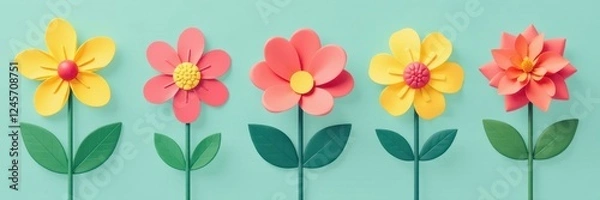 Fototapeta Cheerful flat flower icons; various types, bold hues, clean lines, cute, cheerful