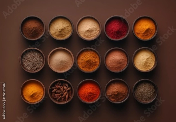 Fototapeta Vibrant Collection of Spices in Rustic Bowls on Wooden Surface