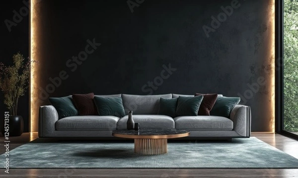 Fototapeta Modern Living Room Design with Gray Sofa and Colorful Cushions in Minimalist Decor and Ambient Lighting