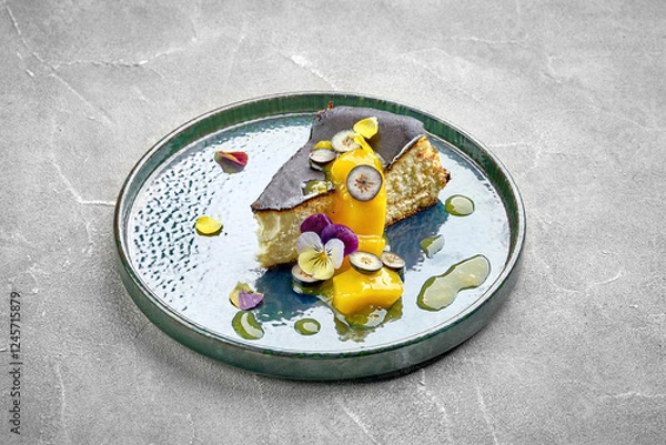 Fototapeta A slice of Basque burnt cheesecake, topped with fresh fruit and edible flowers.
