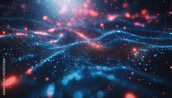 Fototapeta Abstract digital landscape with glowing particles in blue and red colors, vivid light effects creating mesmerizing depth and dynamic motion in a virtual space