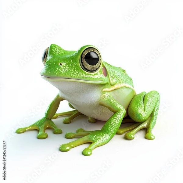 Fototapeta Cute tiny frog with bright green skin, isolated on white background