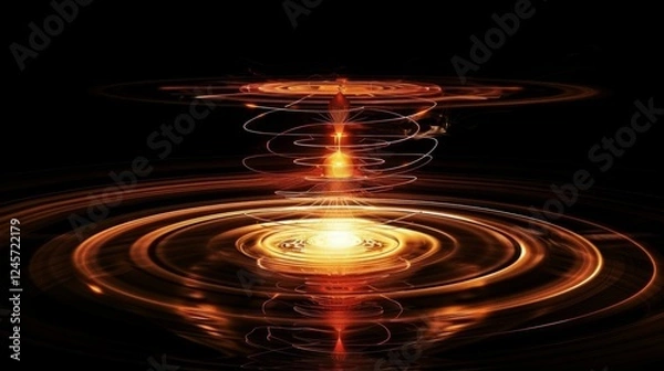 Fototapeta Abstract magnetic field visualization with glowing lines and arrows representing the flow of magnetic force around a central object in a dark, empty space.