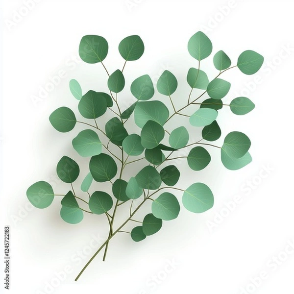 Fototapeta Eucalyptus branch with round green leaves and a refreshing aroma, isolated on white background