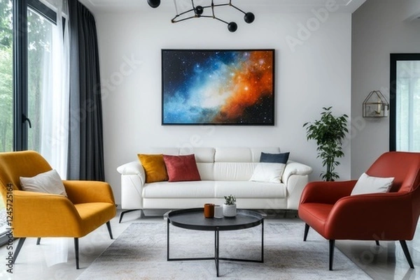 Fototapeta Modern living room, sofa, chairs, artwork, window, relaxation