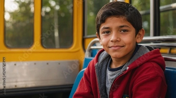 Fototapeta Sitting on a vibrant yellow bus seat, a young boy smiles warmly, radiating joy and curiosity during a sunny afternoon adventure in the city