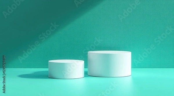 Obraz Geometric Display of Glossy Cylinders on Teal Background with Dramatic Shadows Showcase Modern Minimalism and Beauty