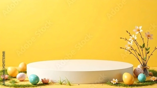 Fototapeta Yellow platform for the presentation of goods for Easter.