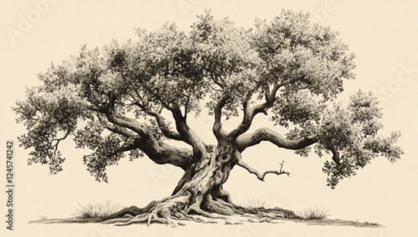 Fototapeta Detailed black and white illustration of an old oak tree with a thick trunk and wide branches