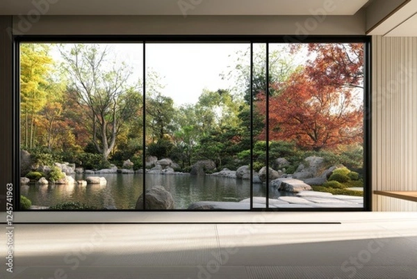 Fototapeta Modern room autumn garden view serene minimalist design