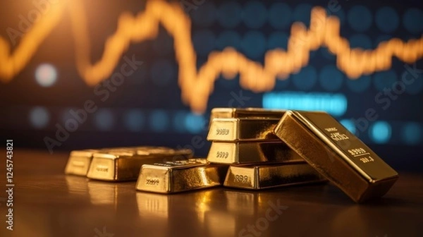 Fototapeta Gold Bullion Bars on Table with Stock Market Graph in Background