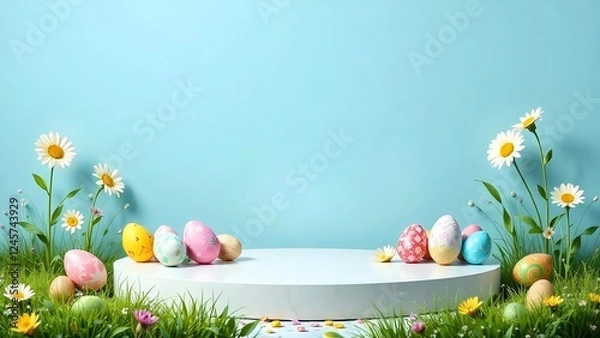 Fototapeta Blue platform for the presentation of goods for Easter.
