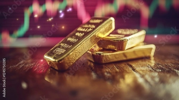 Fototapeta Gold Bars with Financial Graph and Glow on Wooden Table Surface