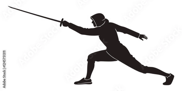 Fototapeta Fencing Silhouette: Action Pose of a Fencer with Sword, Sport, Black & White Vector Illustration, Competitive Athlete, Duel, Skill, Precision