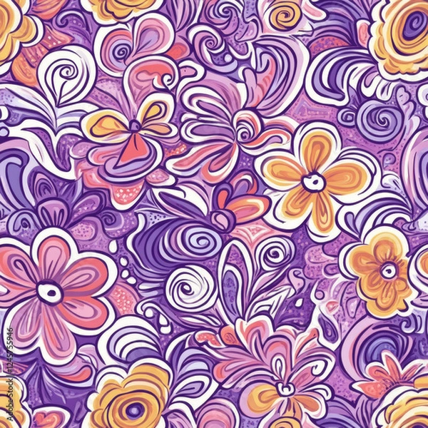 Fototapeta Colorful floral pattern with abstract swirls and flowers
