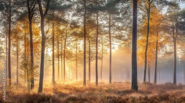 Fototapeta A misty forest at dawn, with tall trees covered in morning fog and diffused soft light, creating a bright background