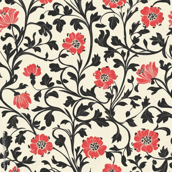 Fototapeta Seamless floral pattern with red flowers and black leaves