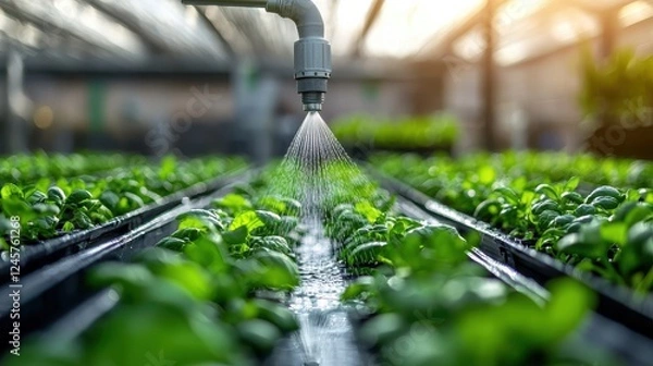 Fototapeta Irrigation process in greenhouse hydroponics farm agriculture indoor setting close-up sustainable practices