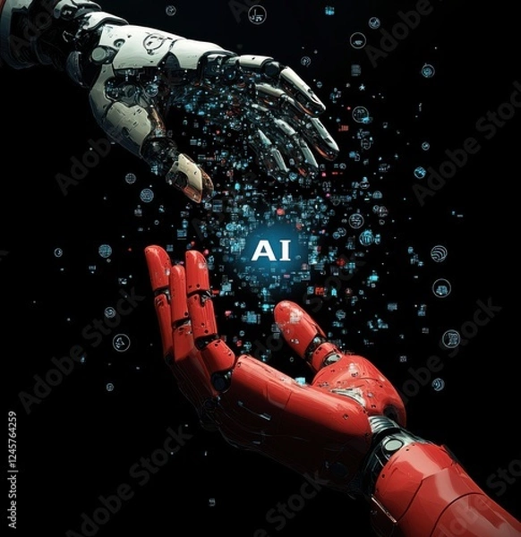 Fototapeta Human and Robot Hands Reaching Towards AI Concept with Digital Elements and Connections in a Futuristic Setting