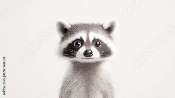 Fototapeta Cute raccoon with large eyes and soft fur, standing against a plain background, showcasing its charm