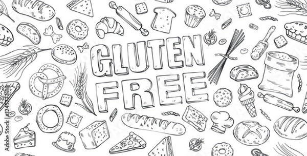 Fototapeta Gluten free baking design. horizontal Hand drawn cereal crops sketches. vector illustratio