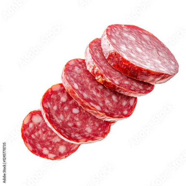 Fototapeta Close-up of Saucisson Sec slices isolated on white transparent background. Concept of fresh deli meat and gourmet food.