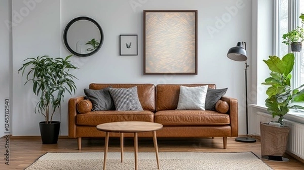 Fototapeta Modern Living Room Interior Design: Leather Sofa, Plants, and Chic Decor