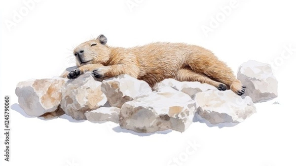 Fototapeta Relaxing Capybara on a Heapy of Smooth Rocks in Bright Environment Watercolor