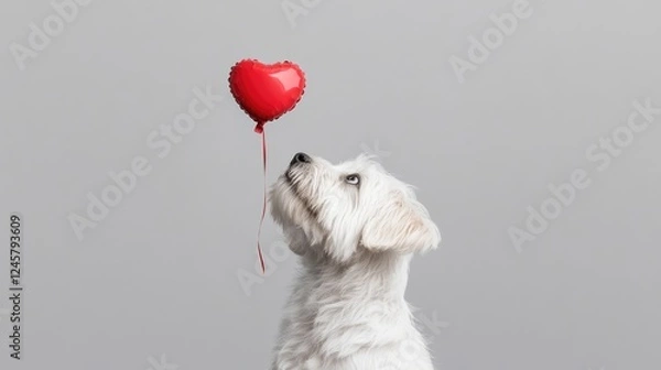 Fototapeta Cute White Dog Looking Up at Heart Balloon with Joyful Expression