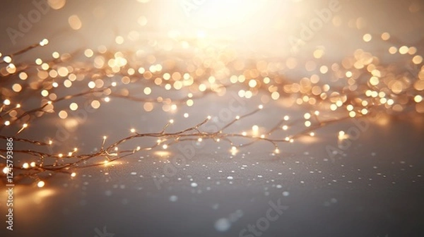 Fototapeta Festive golden lights sparkle on grey surface, bokeh background, holiday card