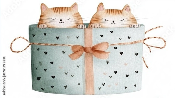 Fototapeta Cute Cats in a Gift Box with Bow and Heart Patterns in Pastel Colors Watercolor