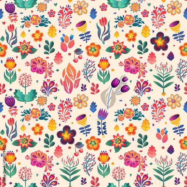Fototapeta Flowers seamless pattern decorative vector card illustration. doodle plants