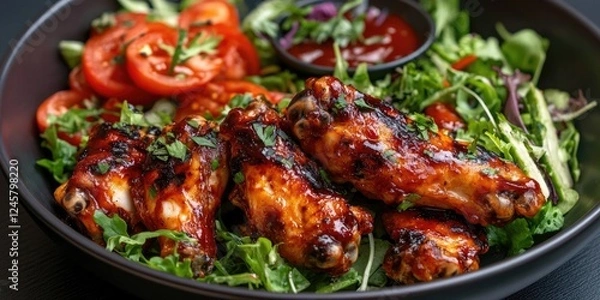 Obraz Grilled BBQ chicken wings garnished with fresh herbs served on a bed of mixed greens and sliced tomatoes with dipping sauce in a bowl