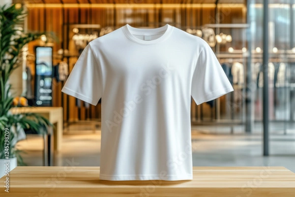 Fototapeta Blank short sleeve t-shirt mockup. Basic white shirt hanging under table in shopping center. Unisex basic tee template. Front view of casual shirt mock up for men's, women's designs	