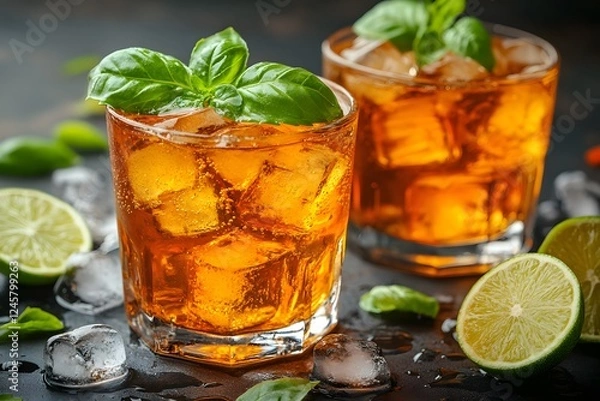 Fototapeta Refreshing Citrus Summer Drink with Fresh Basil and Ice Cubes for Seasonal Parties
