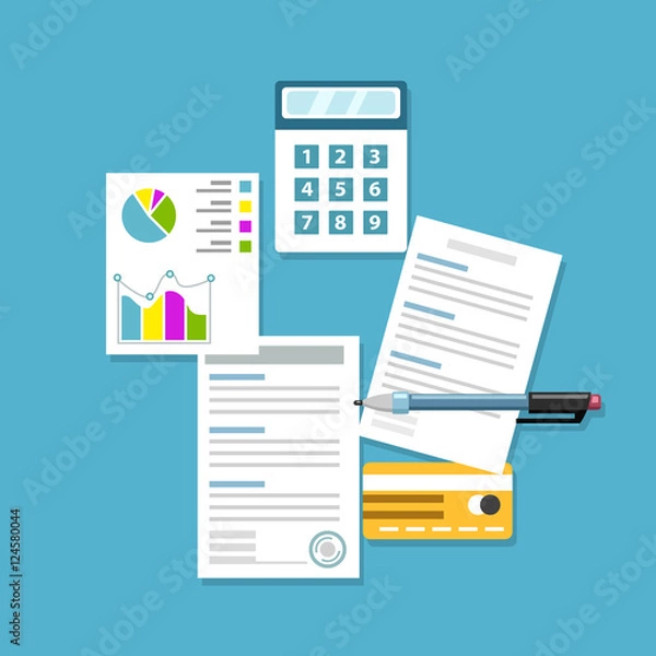 Obraz Office workplace. Paperwork, analytics flat business illustration