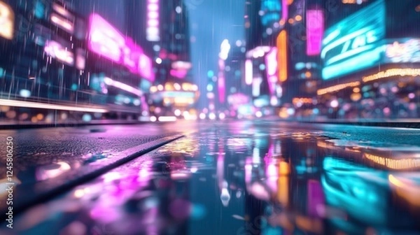 Fototapeta Cyberpunk street scene wallpaper. Rain-soaked iridescent asphalt reflecting holographic billboards, neon pink and teal color bleed, motion-blurred LED streaks background
