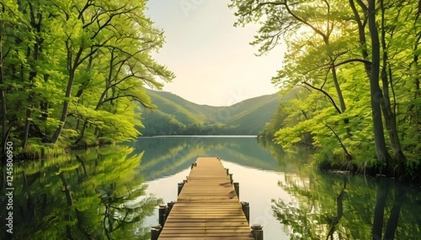 Fototapeta Lake Reflected In Vibrant Spring Foliage