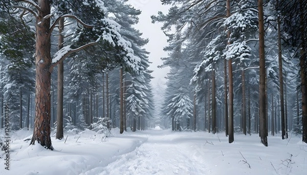 Fototapeta Tranquil Snowy Pine Forest Path Inviting Serenity And Exploration