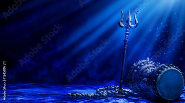 Fototapeta Shivaratri background featuring Lord Shiva's trident and Damroo Pelet Drum musical instrument, dark blue background, Maha Shivratri Festival