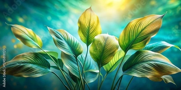 Fototapeta Lush Green Leaves with Gentle Sunlight and Soft Background Colors