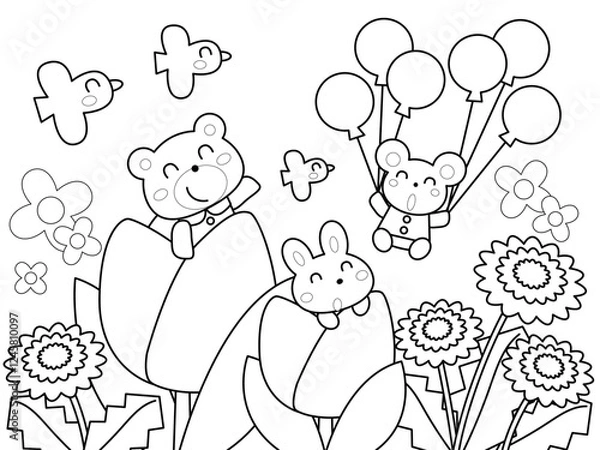 Obraz 春を楽しむ動物たちの塗り絵