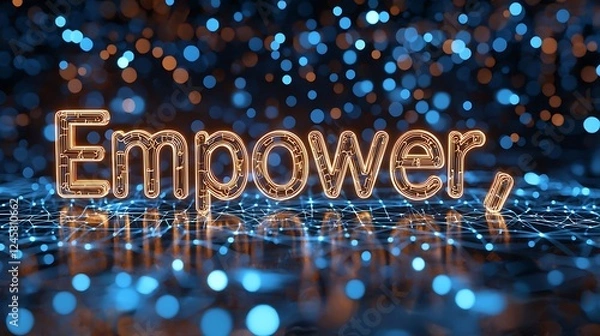 Fototapeta Empower Glowing Neon Word on Network Mesh Background.