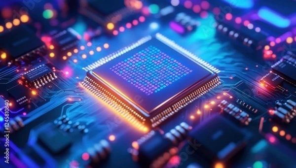 Fototapeta Close-up View of Colorful Circuit Board with Microprocessor and Digital Elements Glowing in a Modern Technology Setting