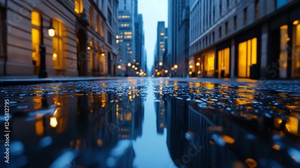 Fototapeta Urban setting of a quiet street during twilight with reflective puddles showing illuminated warm lights from the surroundings.