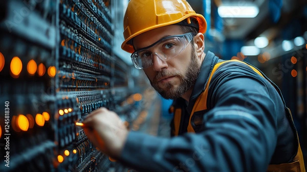 Fototapeta Electrical Engineer inspecting maintaining electrical infrastructure Control System technology concept.