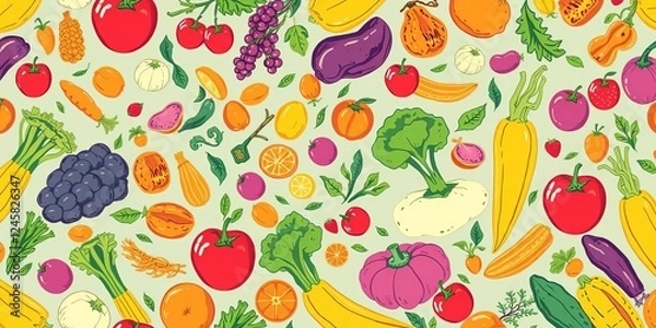 Fototapeta Seamless hand drawn pattern of assorted vegetables and fruits including tomatoes, carrots, apples, and bananas, cooking, natural, ingredients