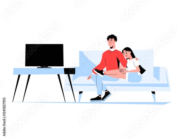 Fototapeta Couple Watching TV On A Couch In Flat Vector Illustration Symbolizing Relaxation, Home Entertainment, And Quality Time, Isolated On White Background