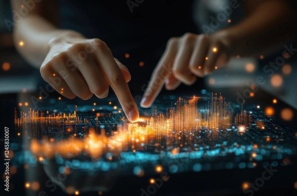 Fototapeta Hands Interacting with Digital Financial Charts on a Touchscreen Display, Visualizing Data in a Modern Business Environment, Technology Use in Finance